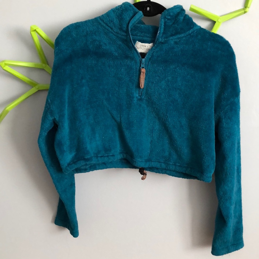 Urban outfitters crop fleece pull over, green with zip neck - xs/tp
